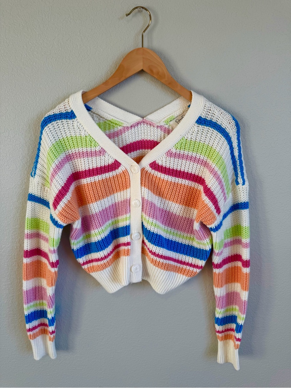 Jessica Simpson Cropped Multicolor Striped V-Neck Sweater Cardigan - White Trim